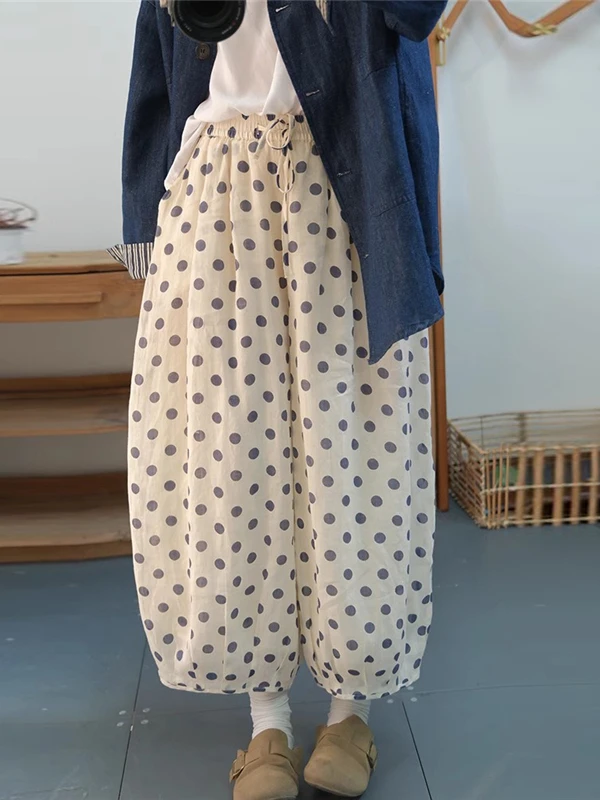 Pantaloni a palloncino larghi da donna Pantaloni estivi casual a gamba dritta a vita alta con elastico in vita Pantaloni con etichetta vintage a pois