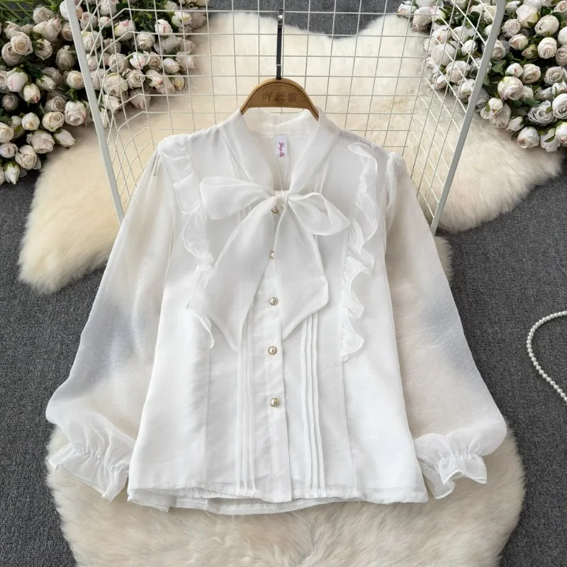 

Blusas Mujer De Moda 2024 Spring New V Neck Bandage Bowknot Chiffon Vintage Blouses Single-breasted Pleated Women Clothing Shirt