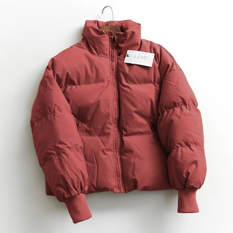 

Winter Women Warm Harajuku Solid Loose Stand Collar Zipper Casual Puffer Jacket Korean All Match Fluffy Down Coats