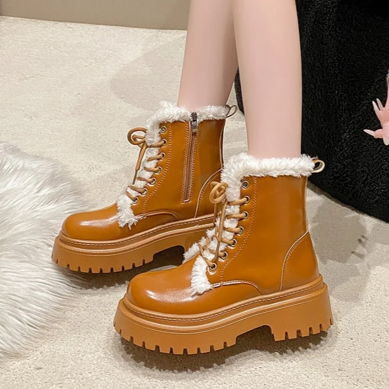 Women Ankle Platform Snow Boots High Heels Fur Warm Shoes Woman Winter 2025 Trend Chelsea Leather Shoes Fad Lace Up Botas Mujer