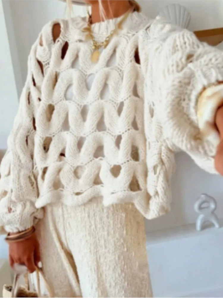 Fashion Hollow Out Sweater For Women Casual Long Sleeve O Neck Pullovers Knit Sweaters Tops Lady Holiday Women's Clothing New