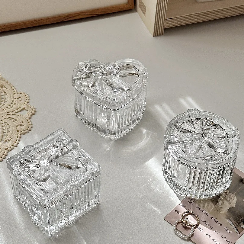 Bowknot Crystal Glass Jewelry Storage Box - Transparent Exquisite Organizer with Lid, Multifunctional Home Decor for Dressing