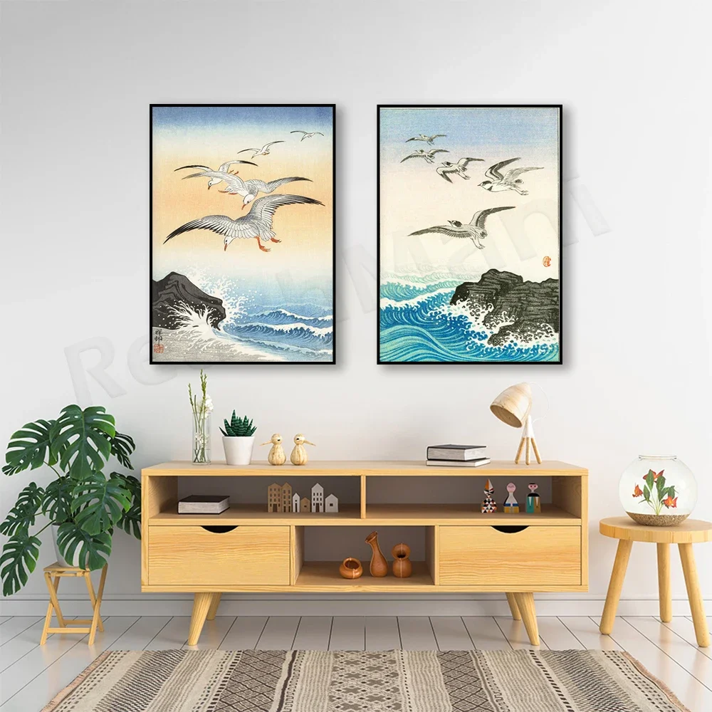 Retro-style Oriental marine art prints, seagulls, Dayuan Ancient Village, surging sea art, Asian art poster decorations.