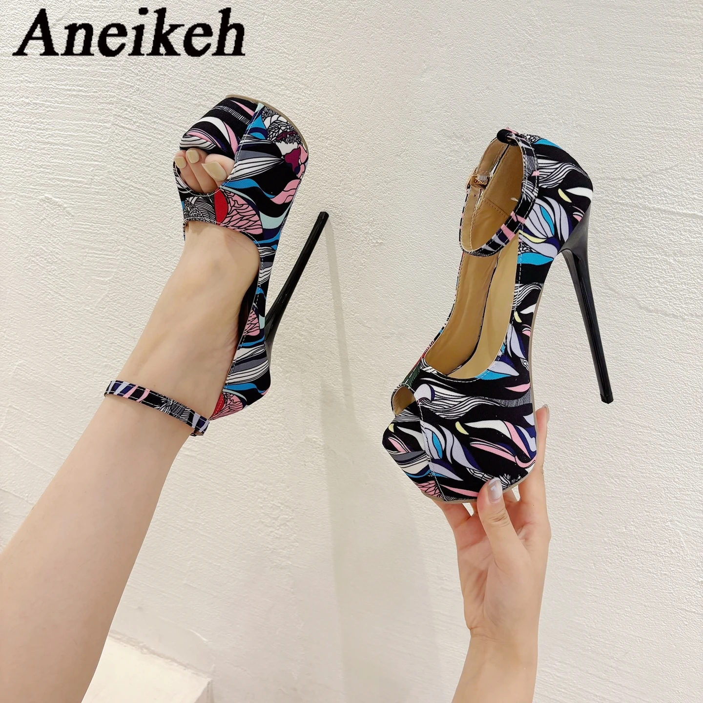 Aneikeh Fashion Design Hand-Painted Leather Platform Pumps Women Buckle Strap Sexy Peep Toe High Heels Strip Pole Dance Shoes