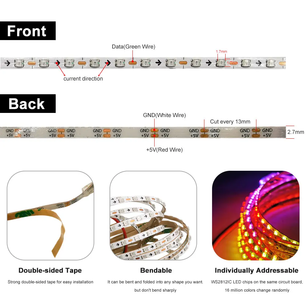 Dc 5V Dc 12V Ultra Smalle 2.7Mm Ws2812b Led Strip 160Leds/M Ws2812 2020 Rgbic Individueel Adresseerbare Slimme Pixel Licht Wit Pcb