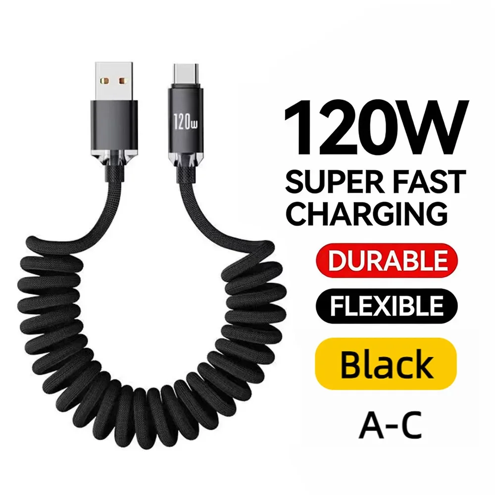 120W Retractable Fast-Charging Cable: USB A/C to Type-C 2-in-1 Data Cable—Compatible with Apple, Samsung, and Huawei