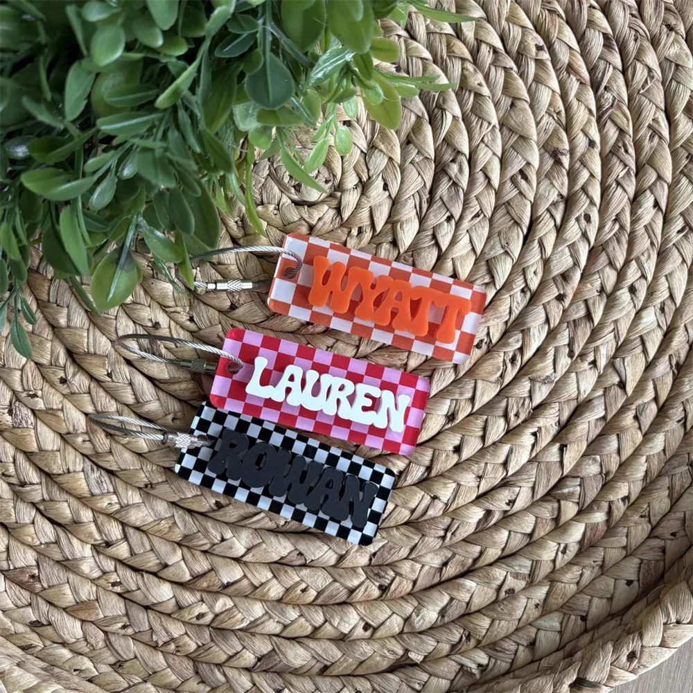 Custom Hanging Ornament Personalized Cut Double-Layer Acrylic Name Tag Square Shape Checkered Party Gift Custom Name Ornaments