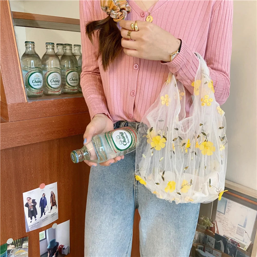 Korean Light Transparent Silk Mesh Handbag Floral Art Mesh Embroidery Large Capacity Tote Bag For Women And Girls Shopping Totes