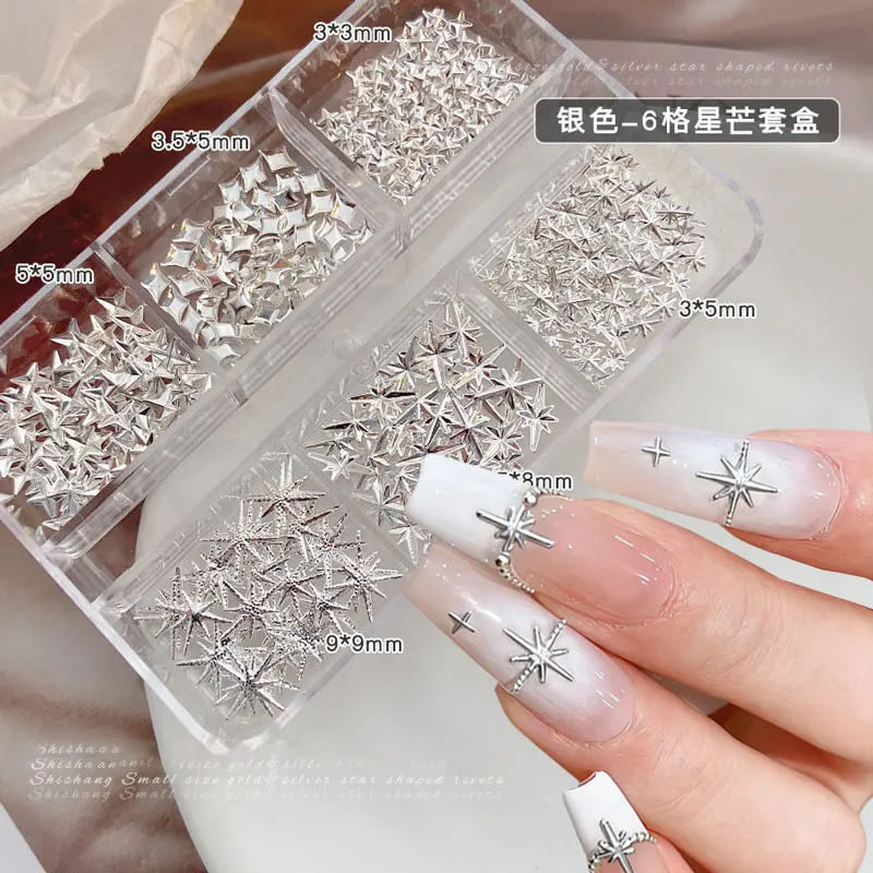 6Grids 3D Sparkly Silver Star Alloy Nail Studs Mixed Starlinght Rivets Nail Art Metal Charms Jewelry DIY Craft Nail Decoration $