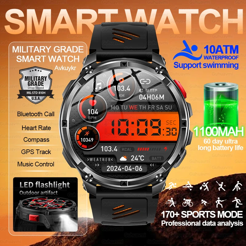 2026 New GPS Outdoor Smart Watch 1.7''AMOLED Screen 1100mAh Large Battery 10ATM Waterproof Compass Sport Men Fitness Bracelet