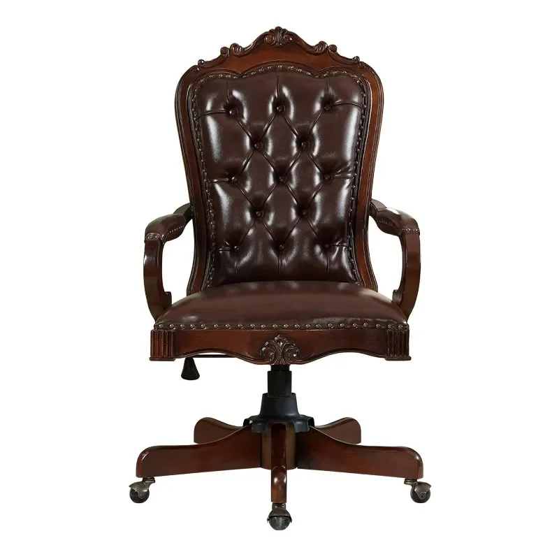 American leather boss chair retro carved solid wood swivel chair European computer chair home office lift chai live streaming