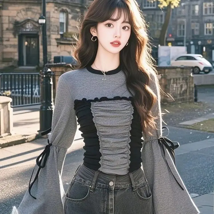 2024, весенне-осенняя женская футболка с оборками и гофрировкой в стиле пэчворк, расклешенная футболка с длинными рукавами, женские осенние тонкие топы, рубашки