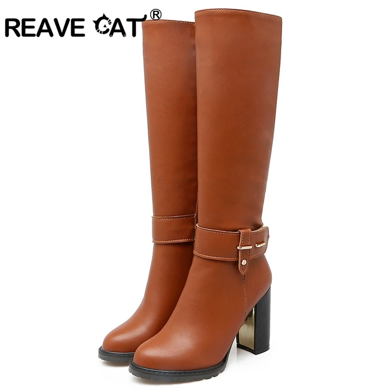 REAVE CAT Women knee boots  Round toe Fashion botas mujer footwear shoes High heel Boots pu leather A1271