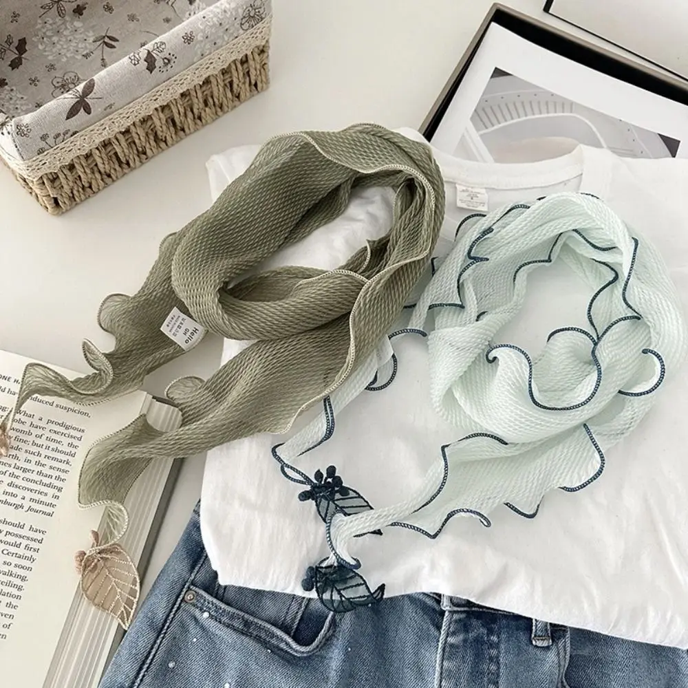 Solid Color Crushed Silk Scarf Leaf Pendant Frilled Edge Silk Scarf Artistic Design Wrinkled Silk Neckerchief Gentle Style