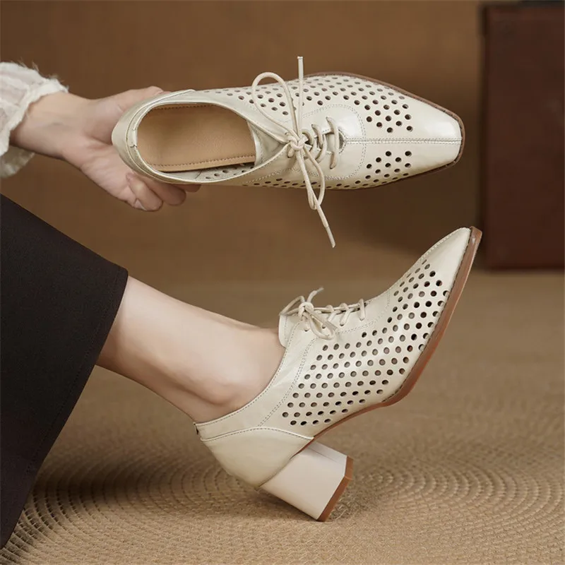 New Spring/Summer Genuine Leather Women Shoes Square Toe Shoes for Women Fashion Hollow-out Lace-up Women Pumps High Heel Shoes