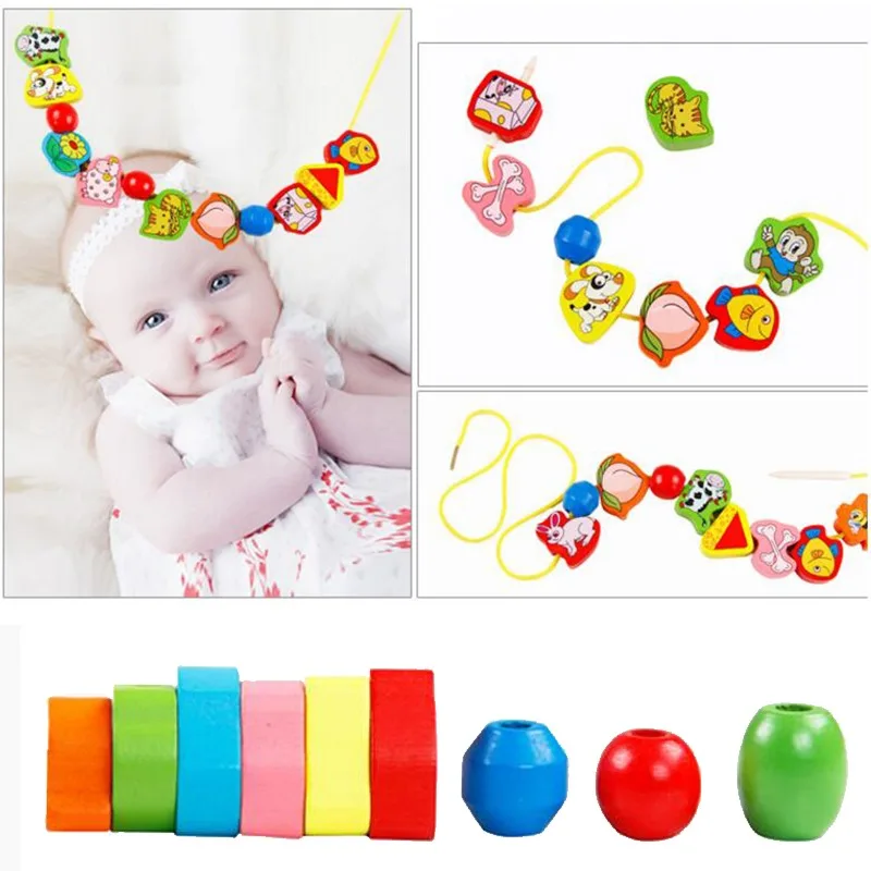 Monterssori Baby DIY Wooden Toys Cartoon Fruit Animal Stringing Threading Wooden Beads Educational Toys for Kids Christmas Gift