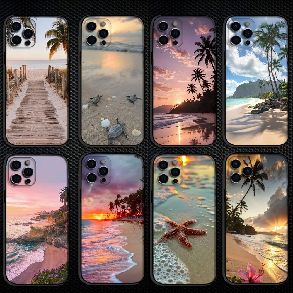 

beach Phone Case For iPhone 16,15,14,13,12,11 Plus,Pro Max, Soft Silicone Black Cover
