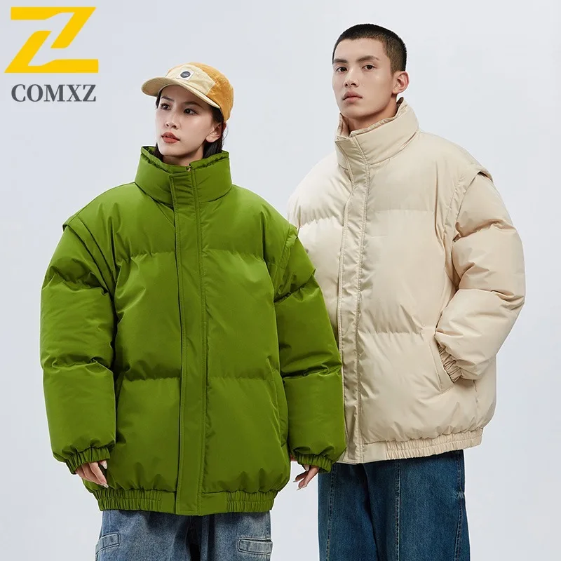 COMXZ 2025 الرجال النساء زوجين معطف مبطّن قصير تصدير أسفل سترة الوقوف طوق هونغ كونغ نمط دافئ البخاخ التحكم في السعر 159 يوان