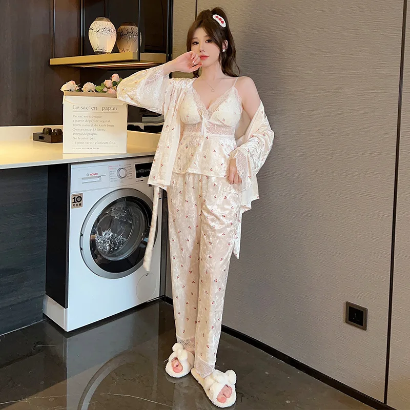 Autumn Winter Golden Velvet Pajamas Women\'s Cherry Printed Home Clothes Lace Three Piece Pant Set Warm Thicken Sleepwear Pijama