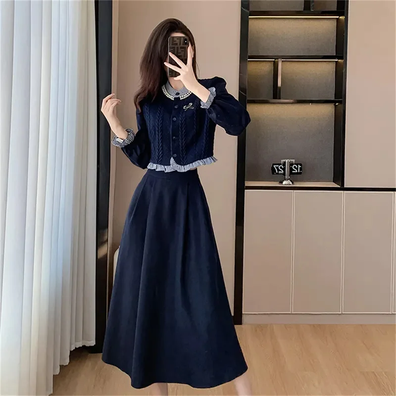 2024 New Stand-up Collar Knit Top High Waist Slim Skirt 2 Piece Set Ladies Temperament Long Sleeve Retro French Suit Skirt