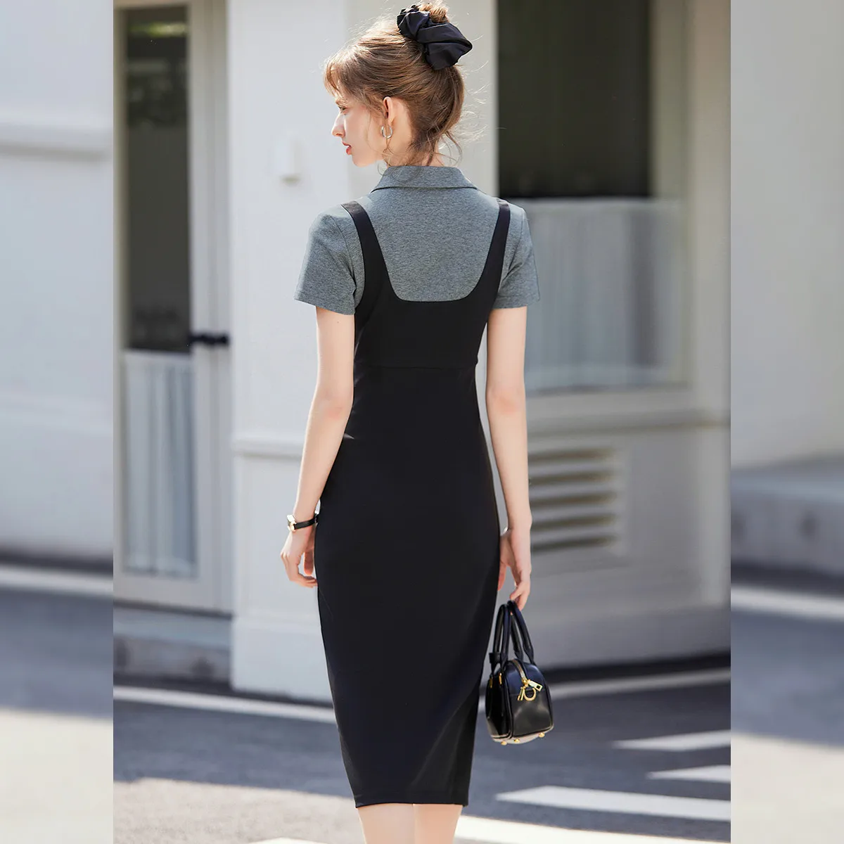 LOUIS YAO 2025 verano Color contrastante empalme falda larga dividida elegante adelgazante cuello largo vestido de mujer de manga corta