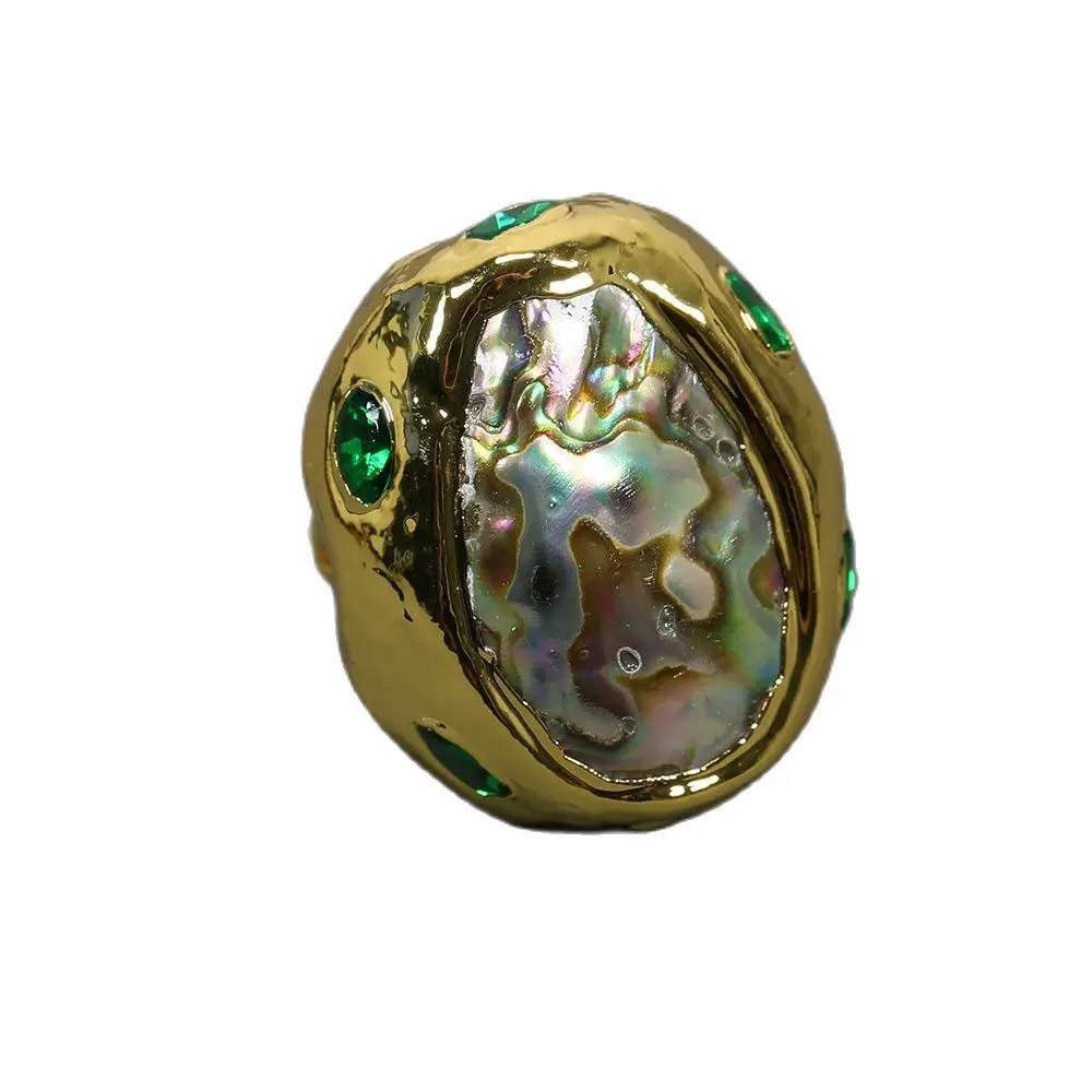 

GuaiGuai Jewelry Real Multi Color Pupa Abalone Shell Green Crystal Rough 24K Yellow Gold Plated Ring Handmade Lady Party Jewelry