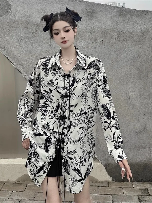 SuperAen-Camiseta de protección solar con estampado de tinta y botones Retro, camiseta holgada de diseño para mujer, camiseta china nueva para primavera y verano
