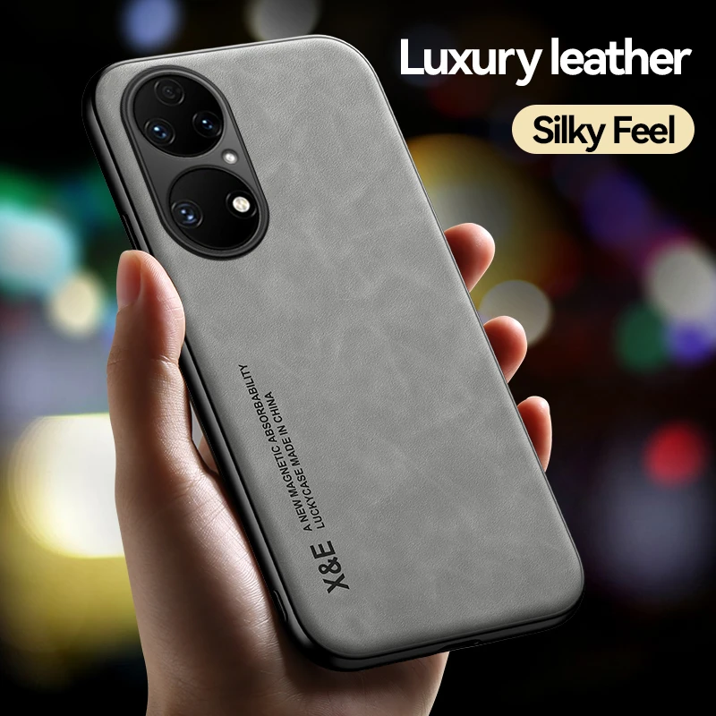 For Huawei P50 Pro Case Luxury Leather TPU Soft Frame Phone Case For Huawei P 50 P50Pro Car Magnetic Holder Protect Back Cover