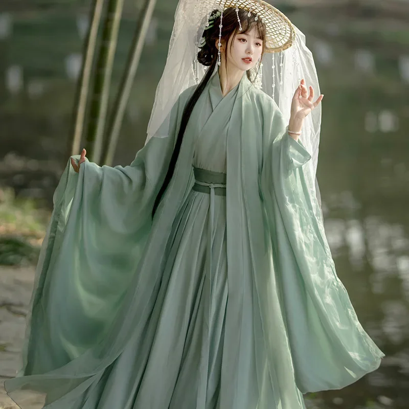 

Hanfu Women's Green Cross Collar Wide Sleeve Flow Fairy Skirt Chivalrys Wei Jin Wind Big Sleeve Shirt Ancient Summer