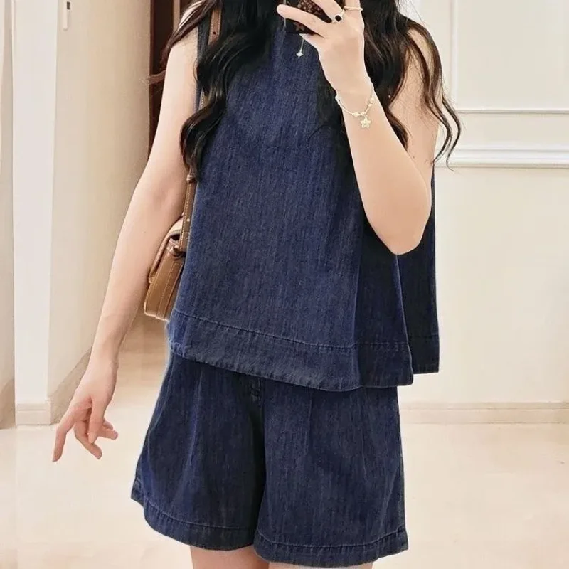 

Dark Denim Two Piece Set Women Sleeveless Loose Vest Elastic High Waist Shorts Casual Outfit
