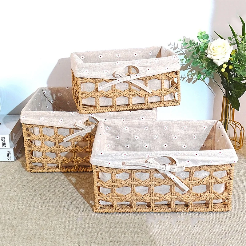 Fabric Lining Storage Basket Imitation Rattan Weaving Desktop Sorting Cosmetics Sundries Toy Storage Basket Cabinet Organizer