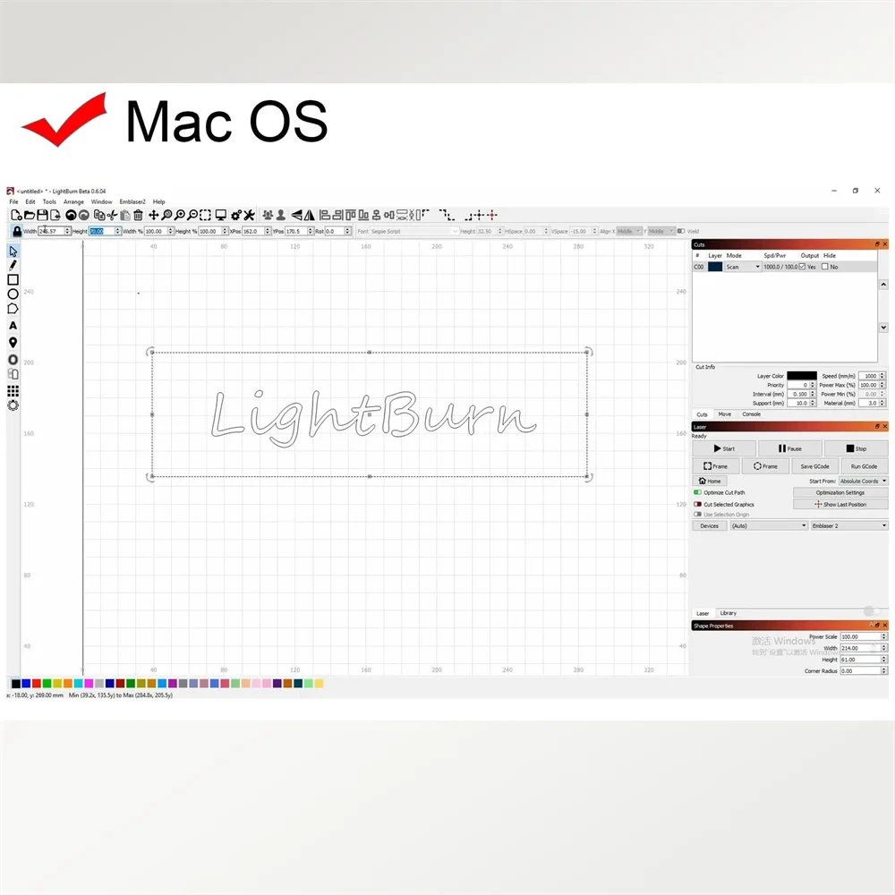 برنامج التحكم في مفتاح ترخيص LightBurn Gcode لآلة قطع النقش بالليزر جميع العلامات التجارية لآلة النقش تدعم ماك ويند