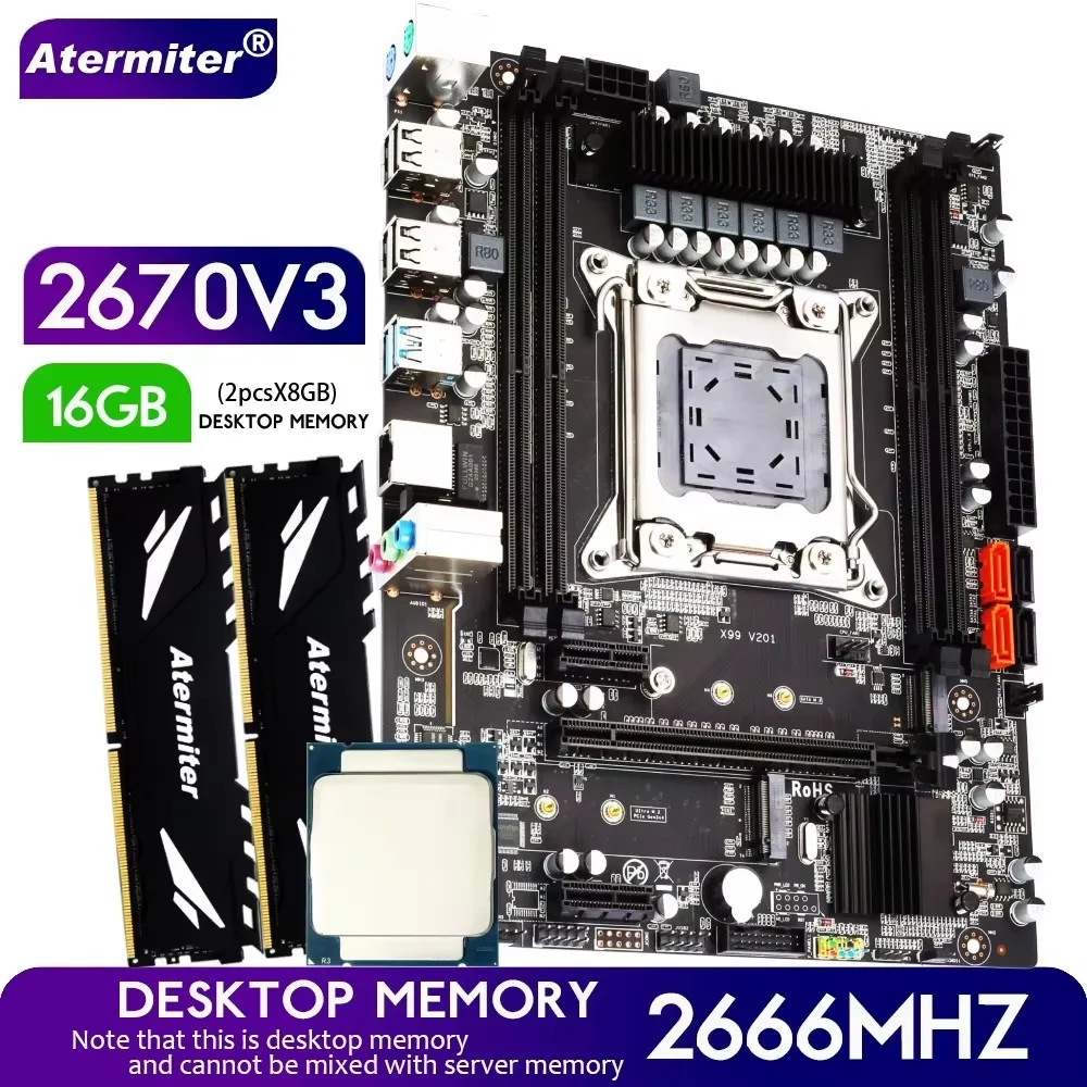 Atermiter D4 X99 Motherboard cpu ram combo Set with Xeon E5 2670 V3 LGA2011-3 CPU 2 X 8G = 16GB 2666MHz DDR4 Desktop RAM Memory