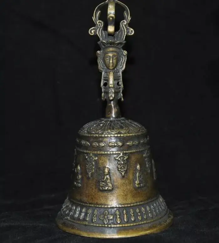 

7.2"old Tibet Buddhism Shakya bronze Gilt Tara Guanyin head Bell chung