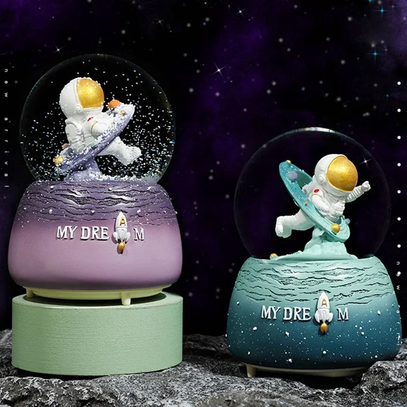 Creative Different Time and Space Astronaut Crystal Ball Luminous Music Box Home Decoration Snow Music Children Student Gifts