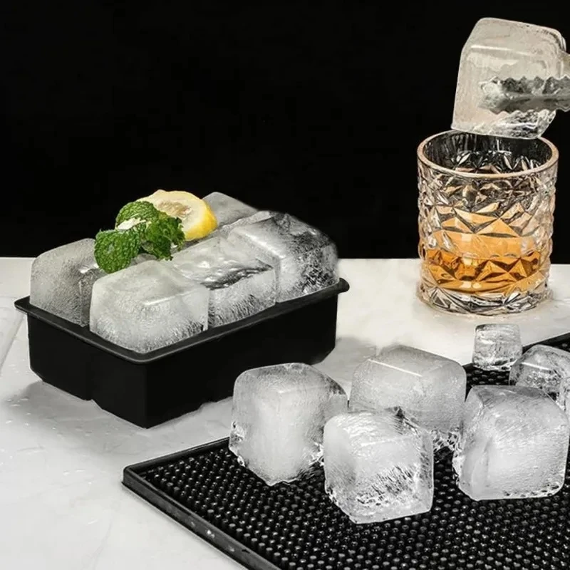Große quadratische Eiswürfelform mit 4/6/8 Fächern aus lebensmittelechtem Silikon, inklusive Eiszange, stapelbar für Whiskey, Cocktails, Bar, Pub, DIY-Eisbereiter – Detail 4