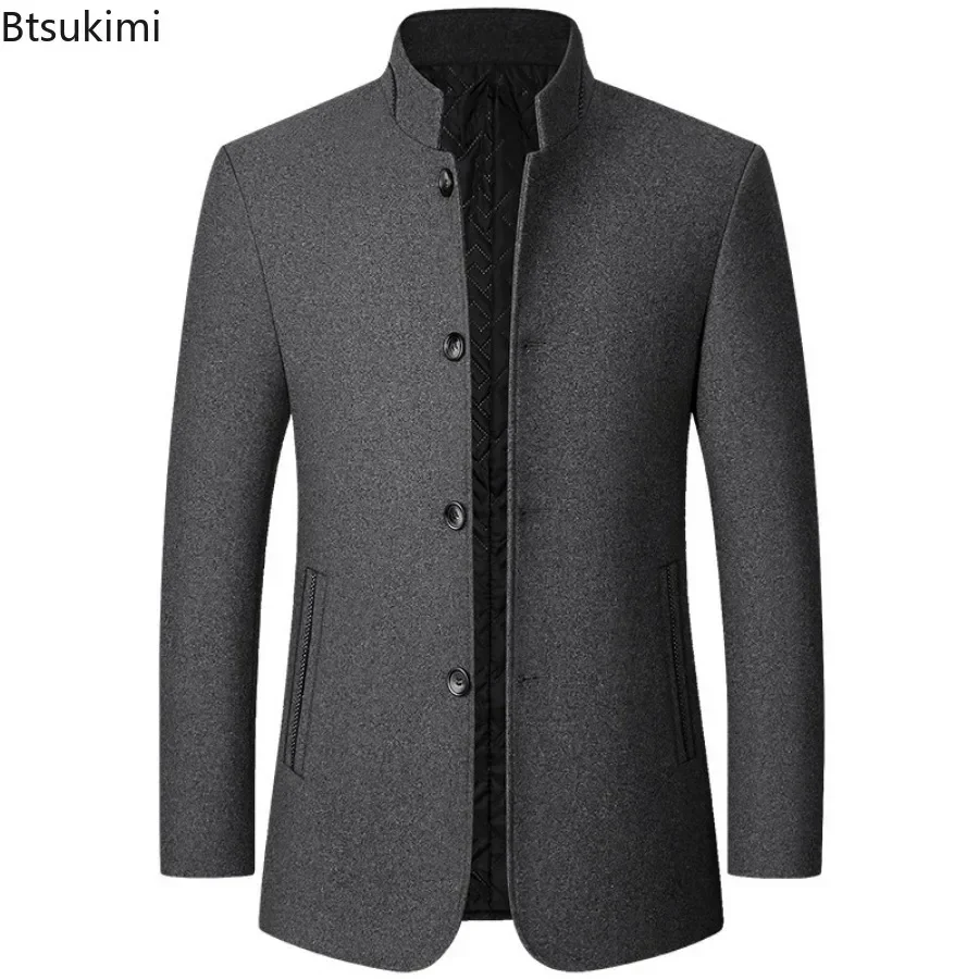 2025 Men's England Style Woolen Coats Fashion Stand Collar Suit Trench Coats Autumn Winter Mid-length Warm Wool Blend Coats Male