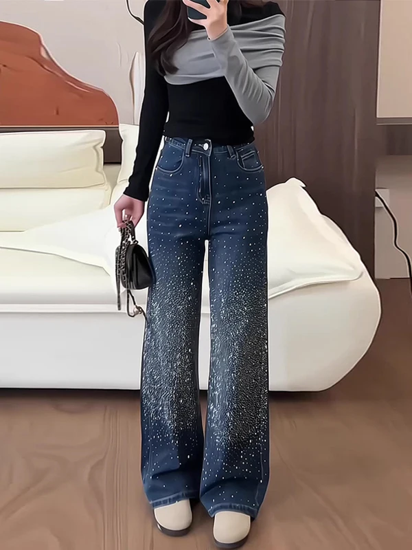 

Blue Rhinestone Wide Leg Denim Jeans Women's Spring Faion Small Size eat Looking Pants High Street Sle Commute Wind