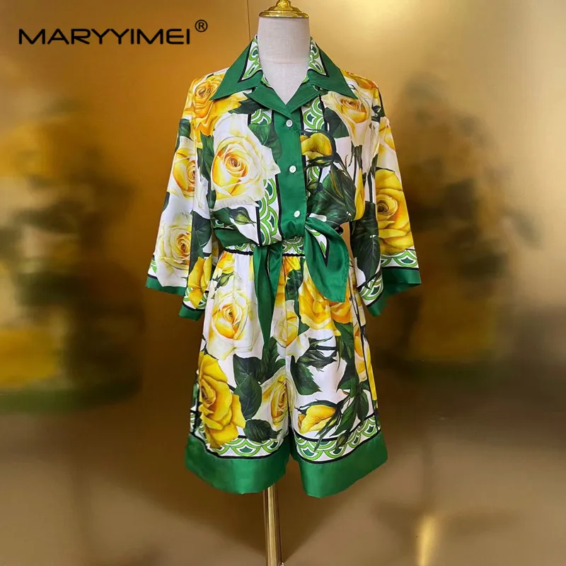 

MARYYIMEI Fashion Women's New Silk Turn-Down Collar Flare Sleeved Single-Breasted Patchwork Printed Top+Bell-Bottoms Two-Piece