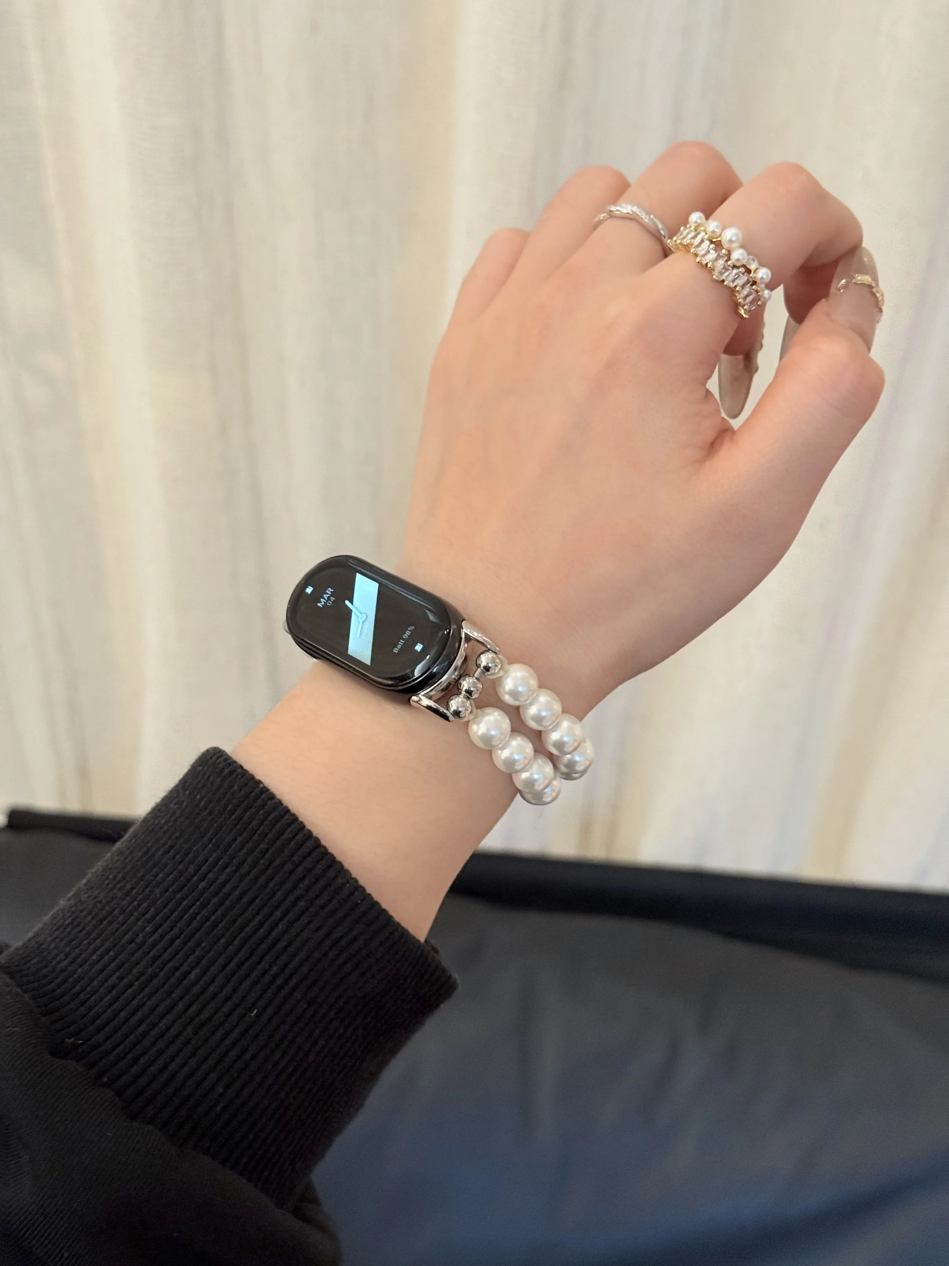 

Double row pearl bow strap suitable for watch straps Xiaomi Band 8Pro/9Pro，For Mi band 3/4/5/6/7，8/8NFC/9/9NFC/10/10NFC，For Redm