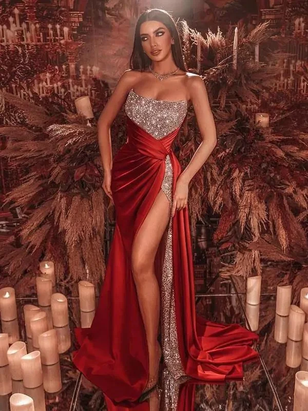 

Customized Exquisite Charmeuse Criss-Cross Pleat Sequined A-line Strapless Long Dresses Bespoke Occasion Dresses Formal Sparkle