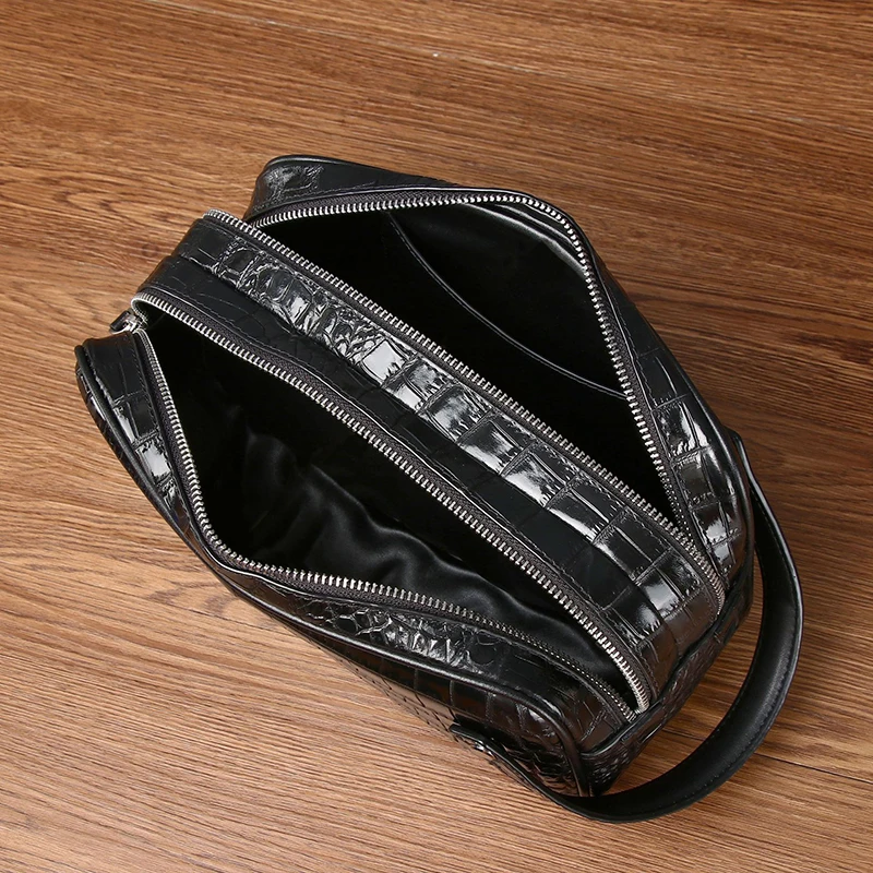 Bolsa de couro genuíno para homens, zero carteira, crocodilo padrão, zíper duplo, saco versátil, tendência, novo, 2023