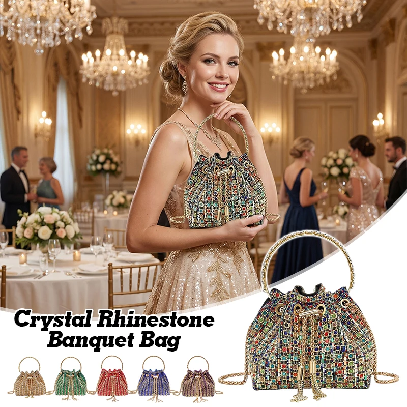 

Women's Crystal Rhinestone Bucket Bag Evening Party Crossbody Shoulder Handbag Luxury Banquet Clutch with Chain Strap
