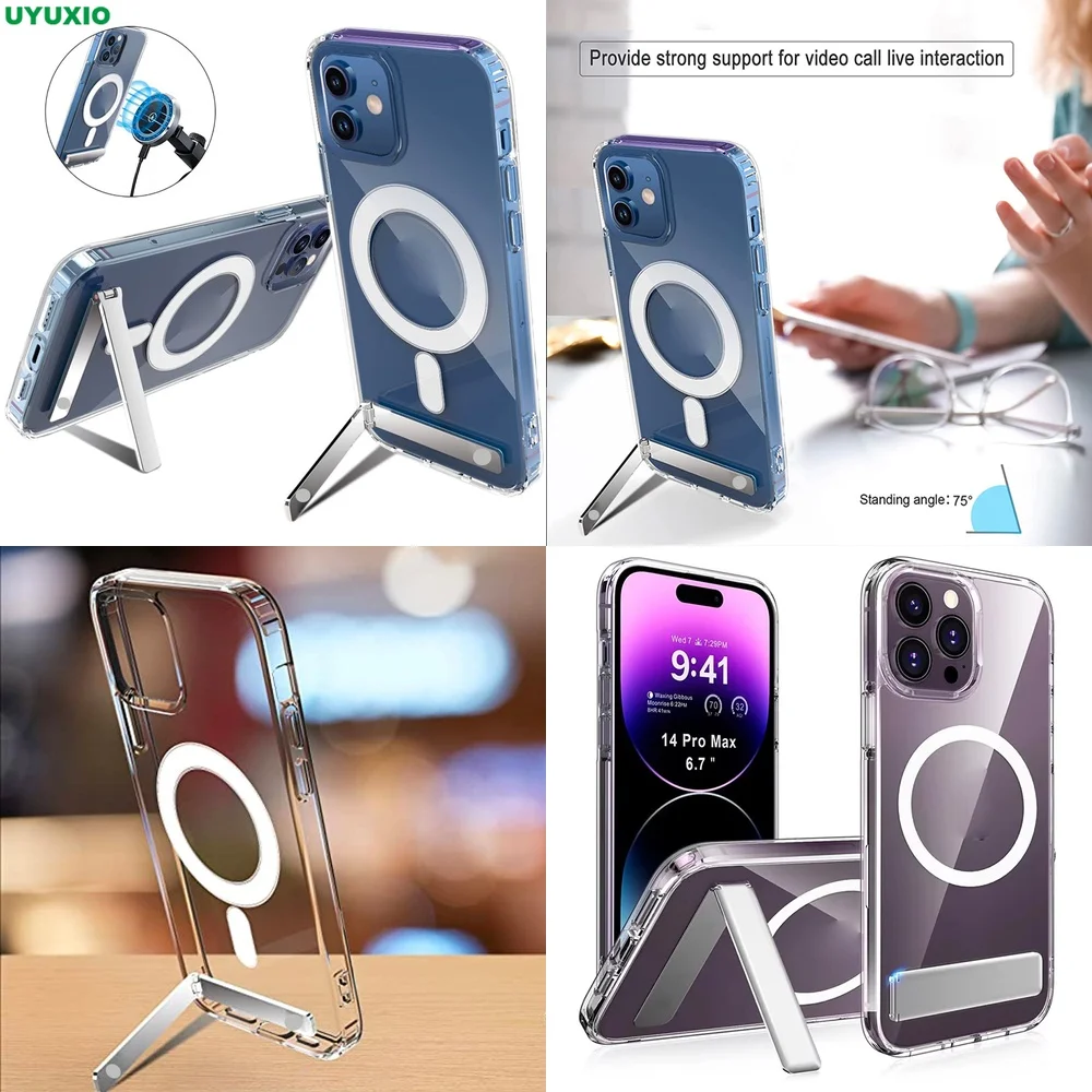 Kristallklare Magnetische Hülle für iPhone 17 16 15 14 Pro Max Stoßfeste Schutzhülle mit Klappbarem Metallständer Neue Schale