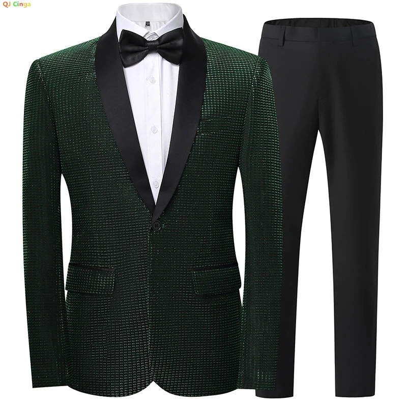 

Green Men's Suit Two Piece Fashion Slim Fit Dress Jacket with Trousers Red Black Silver Gold Men Sets M-5XL 6XL