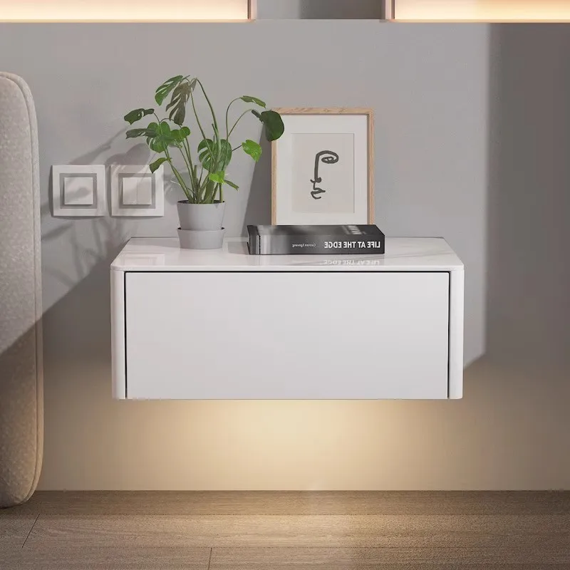 

Wall Mounted Wooden Nightstand Modern Minimalist Faux Leather Bedside Table with Rock Panel Top Suspended Storage Cabinet