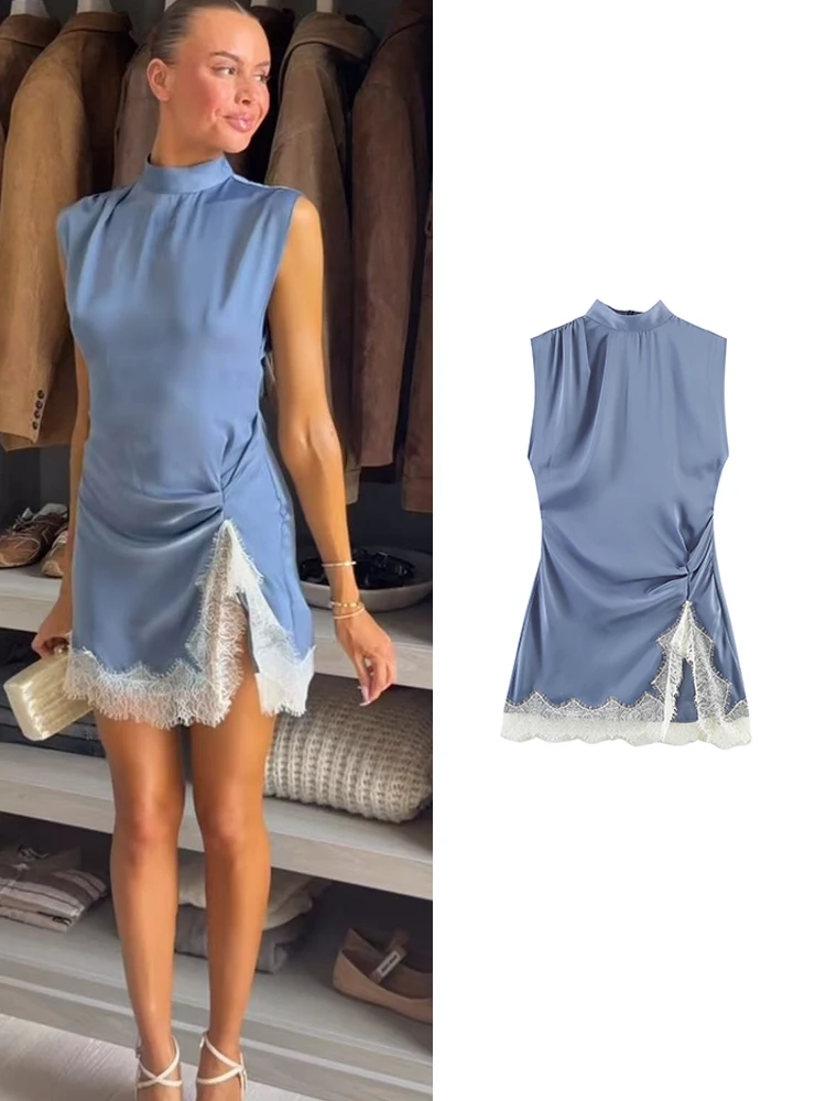 TFMLN Sommer Sexy Minikleid für Damen Ärmellos Streetwear Mode Spitzenbesatz Schlitz Figurbetontes Kleid Party Elegante Kleider 2026
