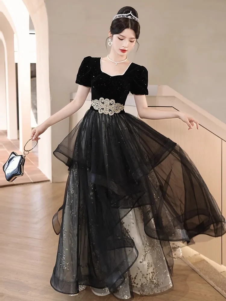 Elegant Sequins Long Sleeve Evening Dress 2023 New Women\'s Winter Slim Fit A-Line Prom Gown Classical Tulle Square Collar Dress