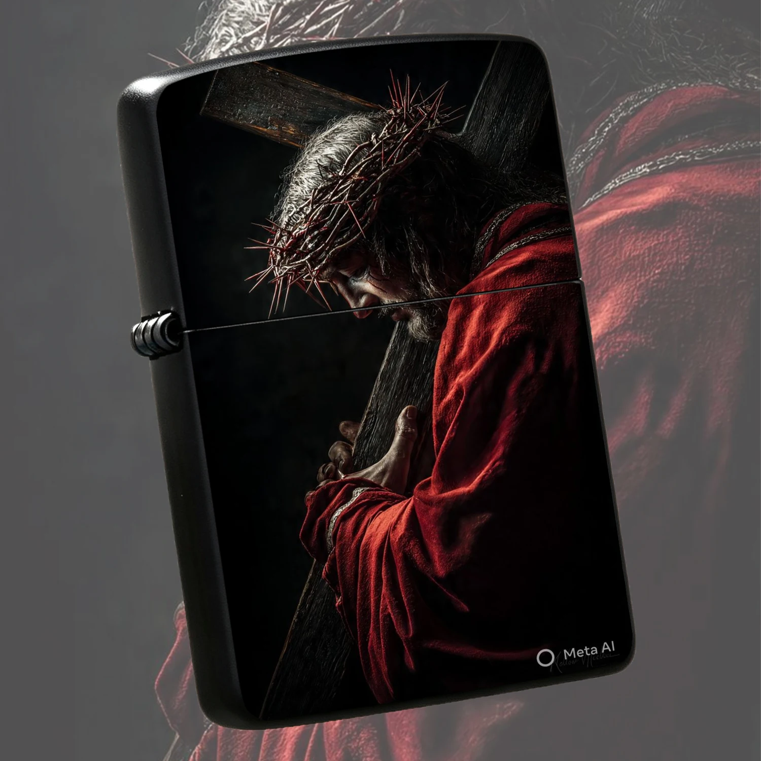 Vintage Crown Of Thorns Carrying Cross Themed Lighter, Retro Red Robe Faith Pattern Portable Igniter, Stylish Artistic Collectible, Multi-Scenario Practical Tool For Daily Home Travel, Camping, Lighting Candles Incense, Thoughtful Exquisite