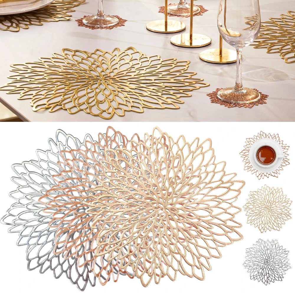 PVC-Tischsets, metallische Glitzer-Vinyl-Esstischsets, ausgehöhlte Blatt-Tischsets für Thanksgiving, Weihnachten, Feiertage, dekorativ